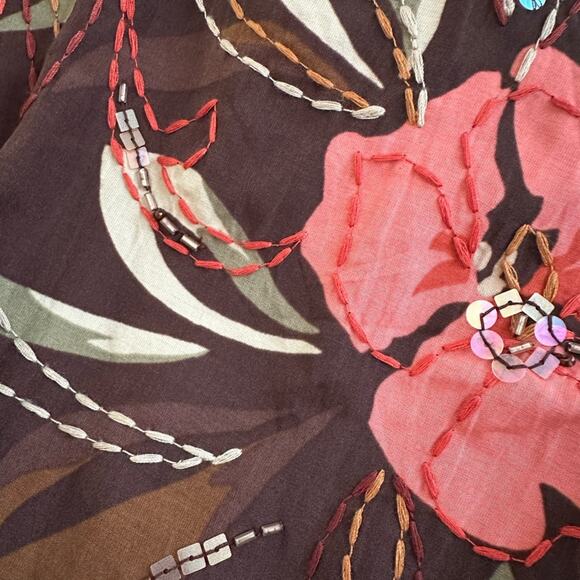 Talbots Silk Full Skirt Brown Embellished Embroidered Coral Floral Academia Twee - Picture 3 of 6